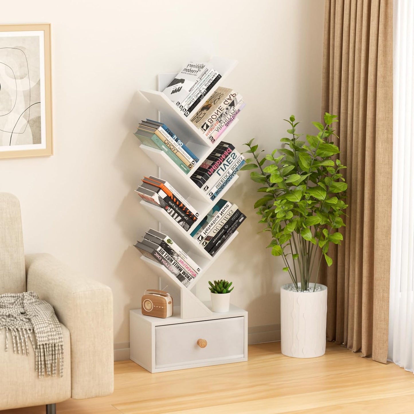 8 Tier Tree Bookshelf with Drawer, Free Standing Wood Bookcase for Narrow Space, Storage Organizer Bookshelves for Books, Book Case for Home Office, Living Room, Bedroom - Sweet White