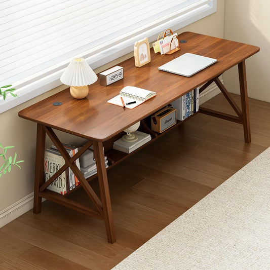 Extra Long Desk with Bookshelf - Wooden Home Office Work Study Table, 2-Person Writing Computer Workstation with Storage Shelf in Walnut, 63" Wx24 Dx30 H