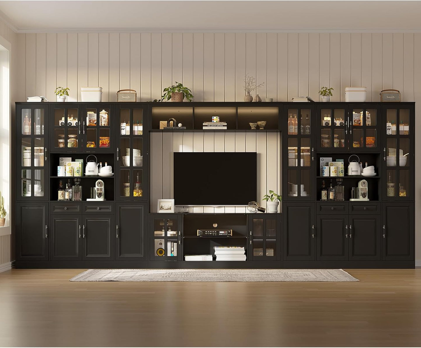 4-Piece Wall Unit TV Stand with Storage & LED Lights for TVs up to 75", Modern Entertainment Center with Bookshelves & 8-Door Pantry Cabinet, White Black