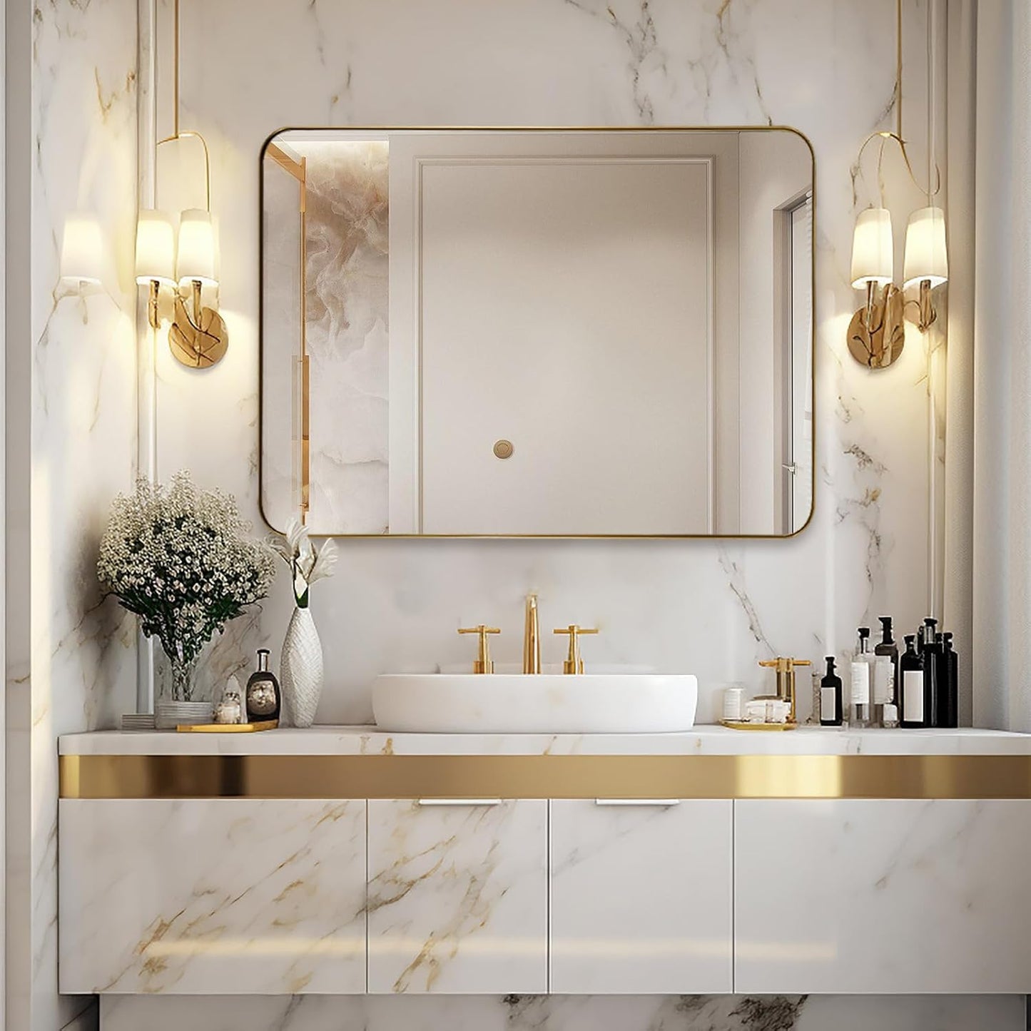 Brushed Gold Mirror 30"x36", Wall Mirror for Bathroom Vanity in Anti-Rust Metal Frame, Modern Rectangle Mirrors for Wall, Rounded Corners, Shatter-Proof, Hangs Horizontal/Vertical