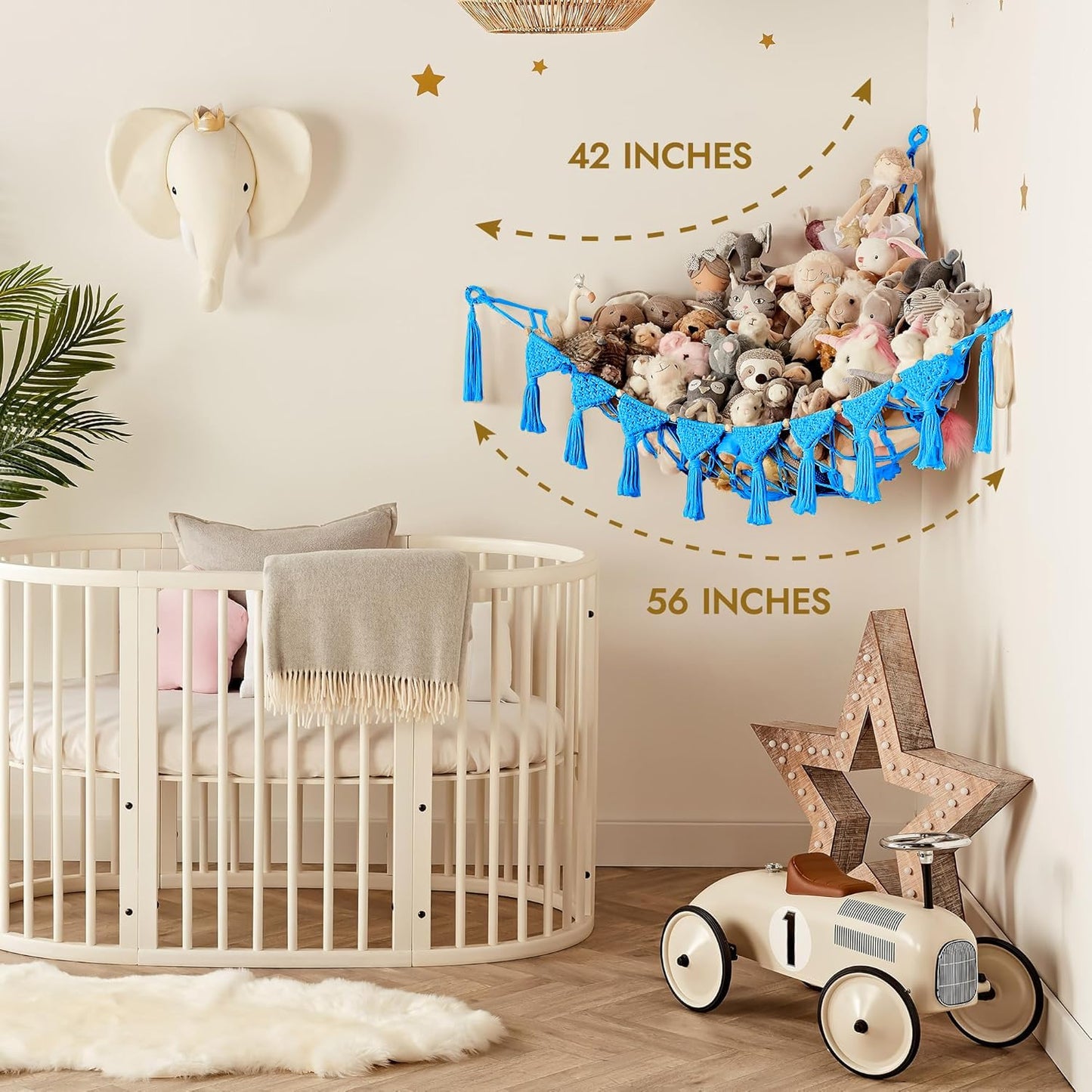 Macrame DreamLights Boho Stuffed Animal Storage Net Hammock Extra Large Plush Toy Storage Holder For Small Or Large Plushies BLUE