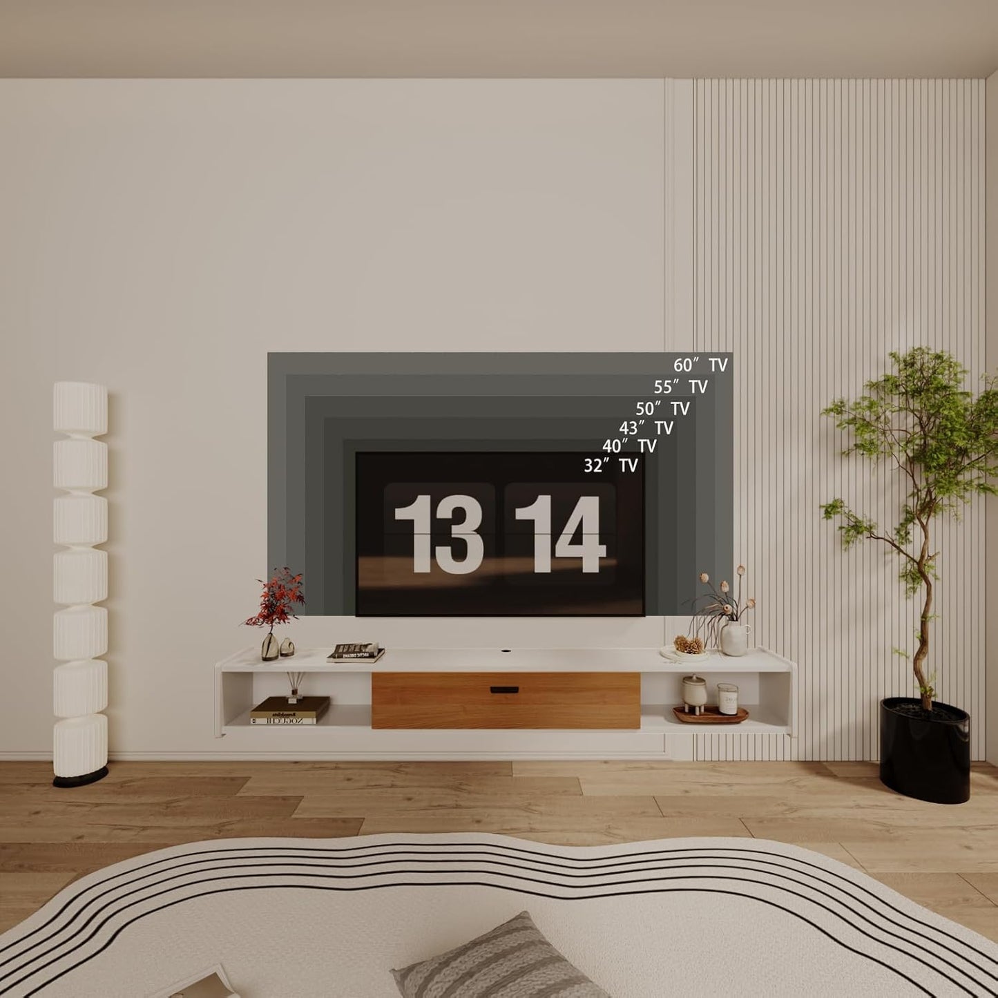 55'' Floating TV Stand,Wall Mounted TV Console,Floating TV Cabinet,Under TV Shelf for Bedroom Living Room(White)