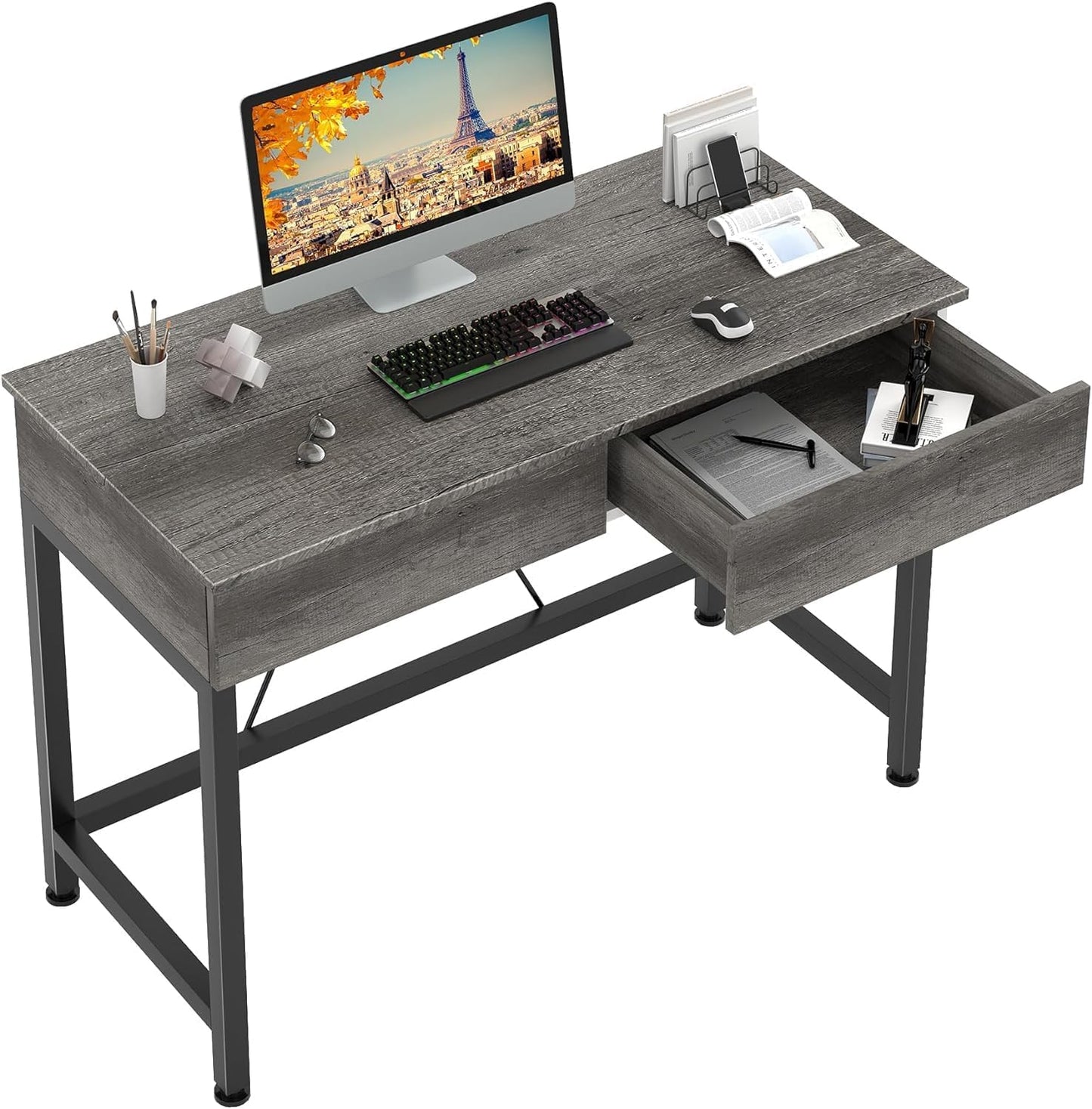 CAIYUN 40Inch Small Desk with 2 Wooden Drawers,Vanity Desks for Home Office with Storage, Simple Computer Desk for Small Space,Desk for Bedroom, Modern Writing Work Kids Study Desk Table, Grey Oak