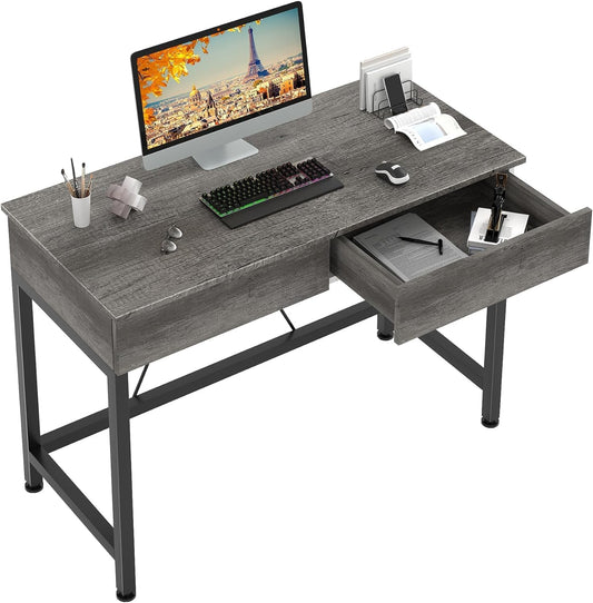 CAIYUN 40Inch Small Desk with 2 Wooden Drawers,Vanity Desks for Home Office with Storage, Simple Computer Desk for Small Space,Desk for Bedroom, Modern Writing Work Kids Study Desk Table, Grey Oak