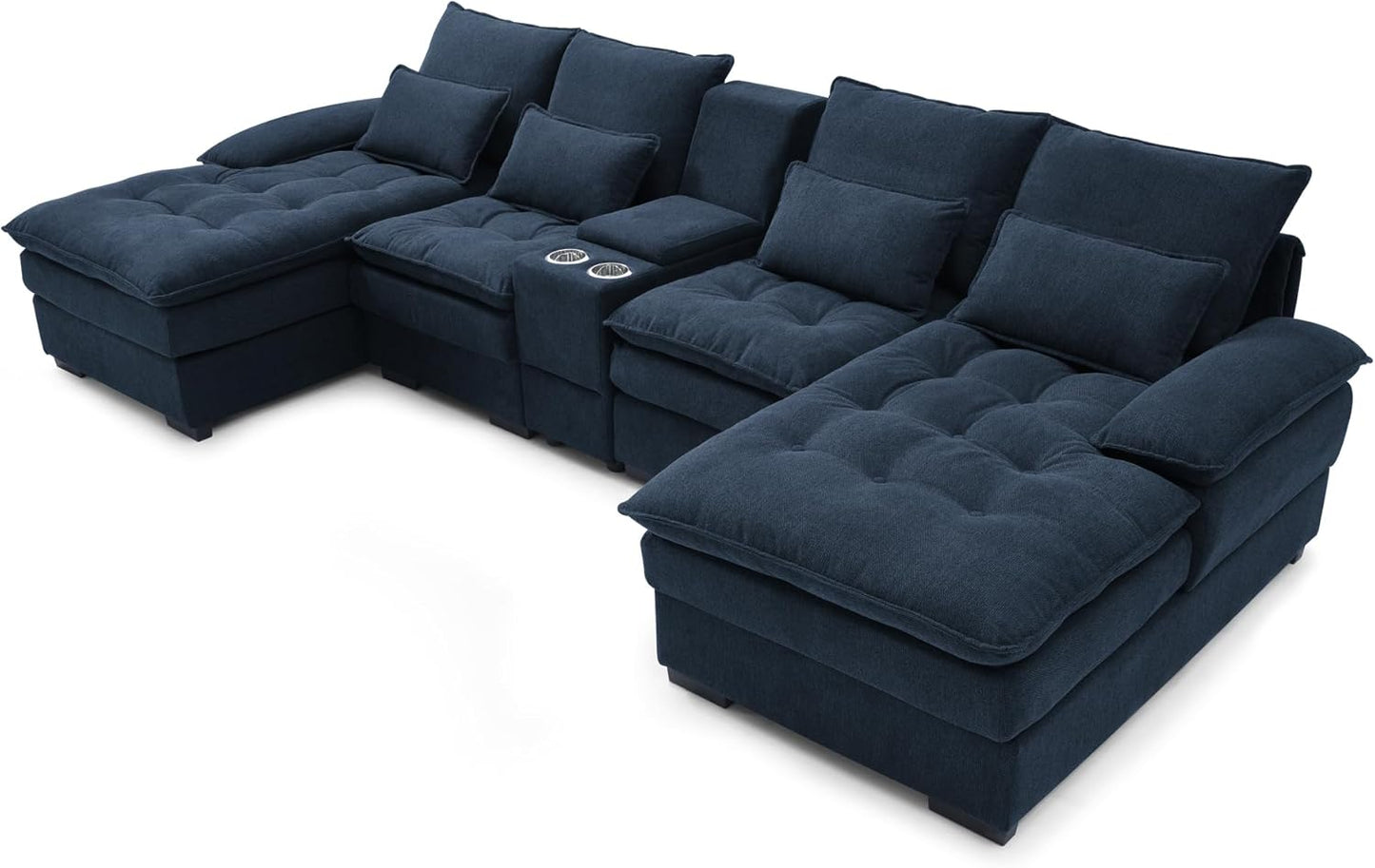 KEIKI 130" U-Shaped 6 seat Sofa with Storage Console, Cup Holders, Upholstered Sectional Sofa, Button Tufted Cloud Cushion Couch for Home, Office, Apartment, Blue