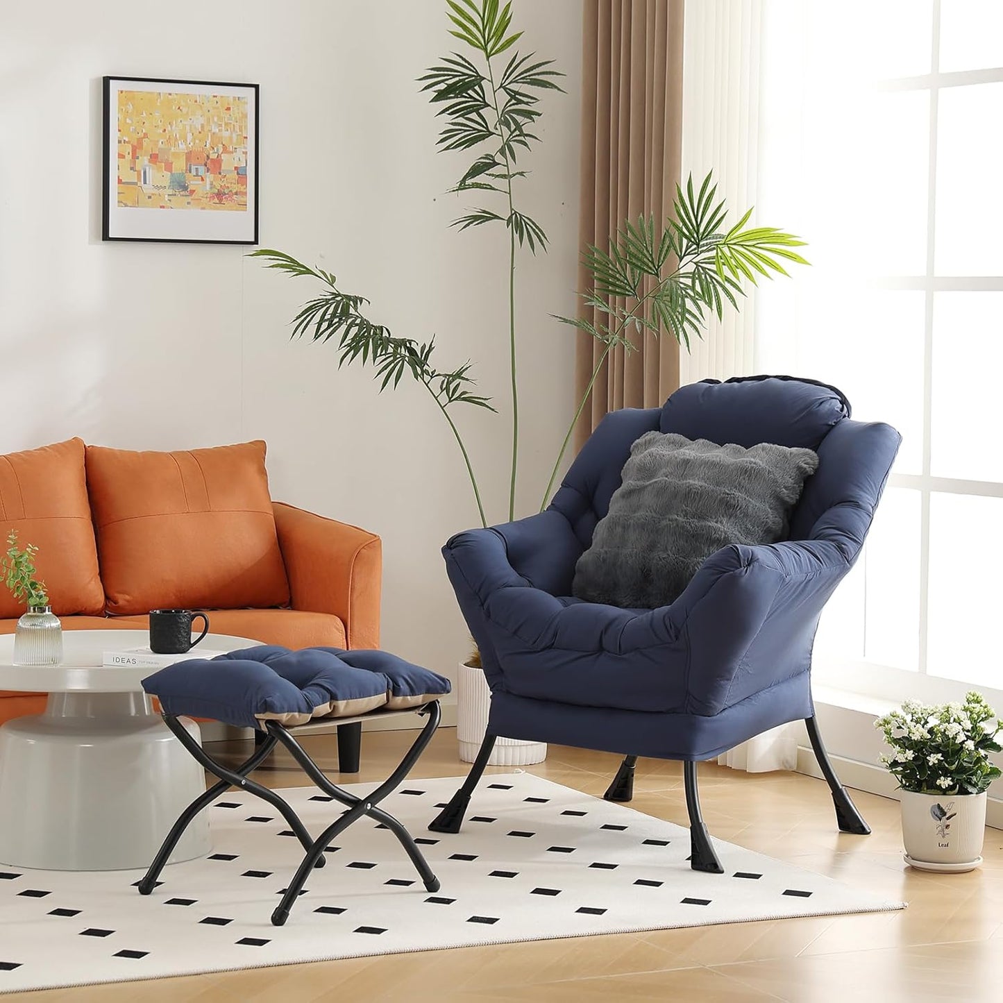 Large Lazy Chair with Ottoman, Accent Reading Chairs with a Throw Pillow, Cozy Lounge Chair with Armrest, Leisure Sofa Chairs for Living Room, Bedroom, Dorm, Navy Blue