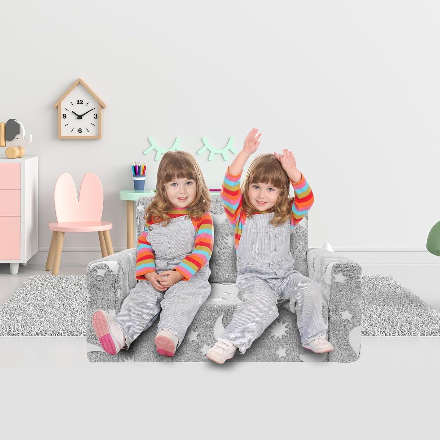 SLIGUY Kids Chair, Toddler Couch, Fold Out Sofa Chair, Toddlers Convertible Sofa to Lounger Pull Out Couch, Glow in The Dark Sofa Chair for Boys and Girls Large (Grey)