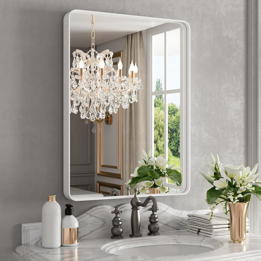 WEER White Bathroom Mirror 24X32 Inch, Rounded Rectangle White Metal Frame Mirror, Matte White Bathroom Vanity Mirror with Tempered Glass, Anti-Rust, Hangs Horizontally or Vertically
