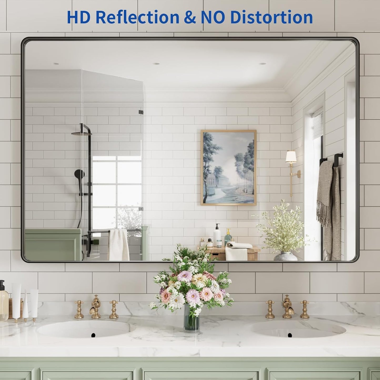 WEER Black Bathroom Mirror for Wall, 60X40 Inch Matte Black Mirror, Rectangular Black Metal Framed Vanity Mirror with Tempered Glass, Rounded Corner, Anti-Rust (Horizontal/Vertical)