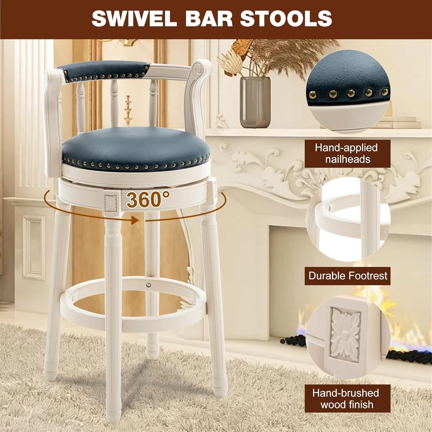 CozyRain Bar Stools Modern Swivel Barstools, Kitchen Counter Genuine Leather Upholstered Bar Stool Island Barstool with Footrest for Home Kitchen Dining Room (Blue, Seat Height 29.5 in)