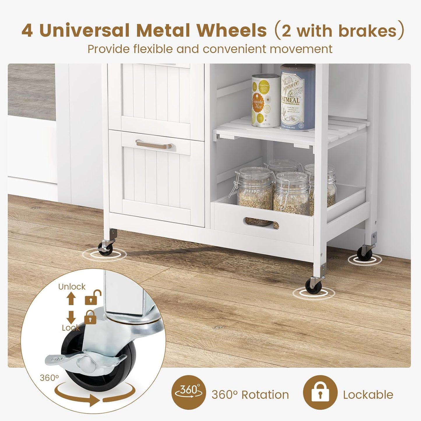 COSTWAY Kitchen Storage Island Cart on Wheels, Kitchen Rolling Trolley Cart with 3 Drawers and Shelves, 360° Wheels & Detachable Tray, Kitchen Island for Dining Room, Living Room & Bedroom