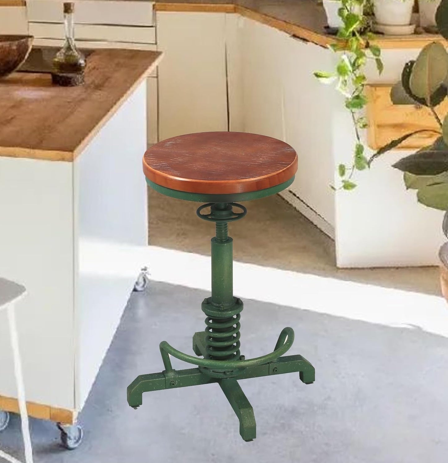 Topower Industrial Retro Vintage Farm Wooden Seat Tractor Stool Kitchen Swivel Height Adjustable bar Stool Antique Green