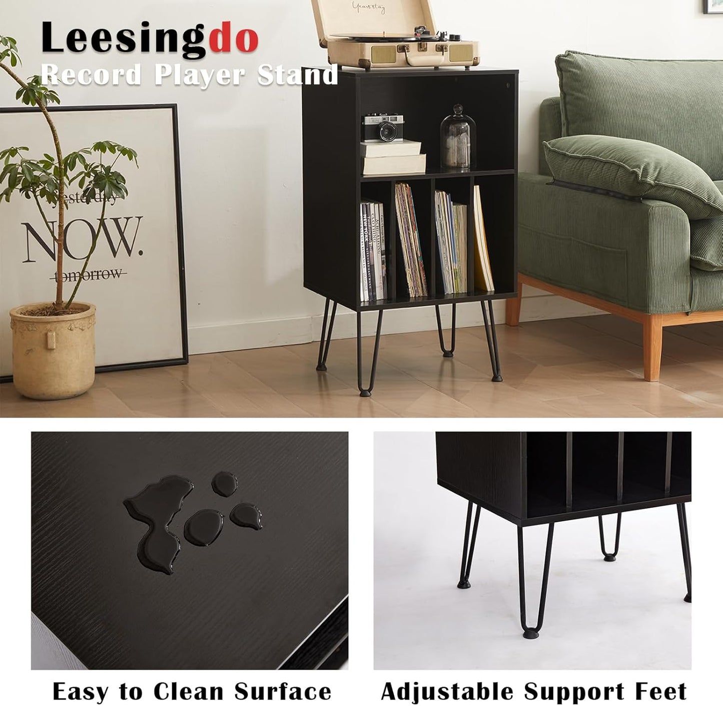 Record Player Stand with Vinyl Storage, Vinyl Record Storage Cabinet Holds Up to 150 Albums, End Table for Record Player, Turntable Stand with Record Storage for Living Room, Black