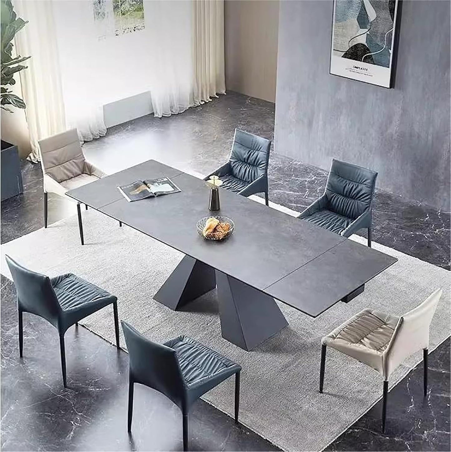 Extendable Dining Table for 8-12 Seat, Flexible Stretch, Tabletop Made from Rock Plate and Tempered Glass, Solid Carbon Steel Base, 35.4" D x 94.5" W x 30" H, Dark Grey