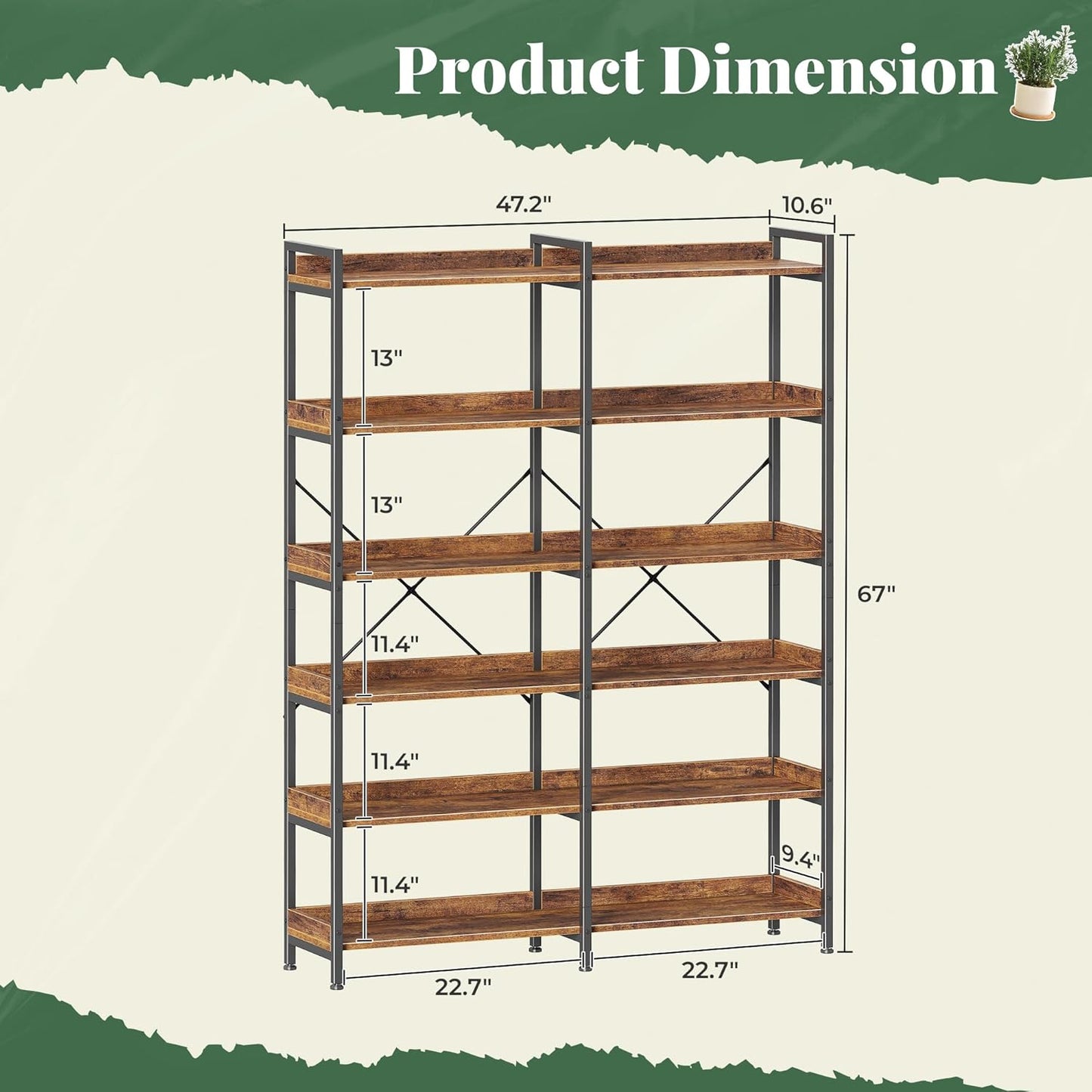 Huuger 6 Tier Bookshelf, Corner Bookshelf with 12 Open Shelves and Raised Baffle, 47.2 Inch Straight Wide Bookcase with Metal Frame and Wooden Board, Adjustable Feet, Rustic Brown