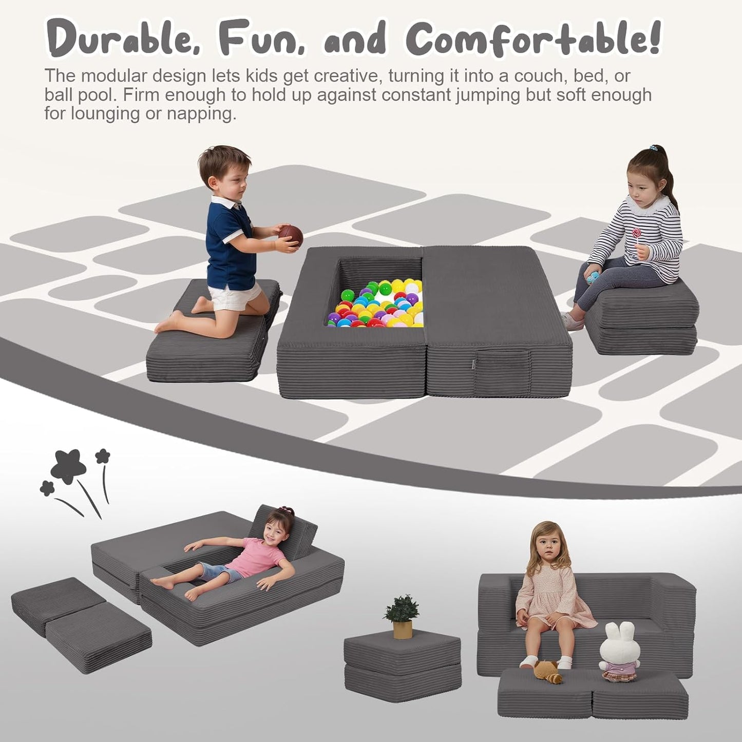 MeMoreCool Modular Kids Couch, Corduroy Play Toddler Couch for Bedroom Playroom Furniture, Convertible Foam Kids Sofa Bed, Fold Out Baby Sofa for Girl Boy, Dark Grey