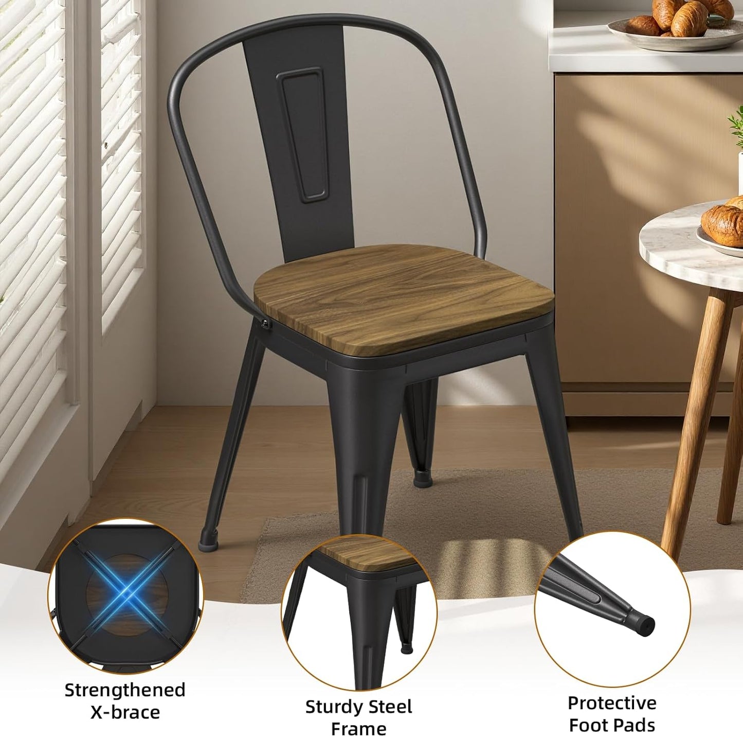 18 Inch Dining Chairs Set of 4, Farmhouse Metal Chairs with High Back and Wooden Seat, Stackable Industrial Bar stools for Dining Room(Black)