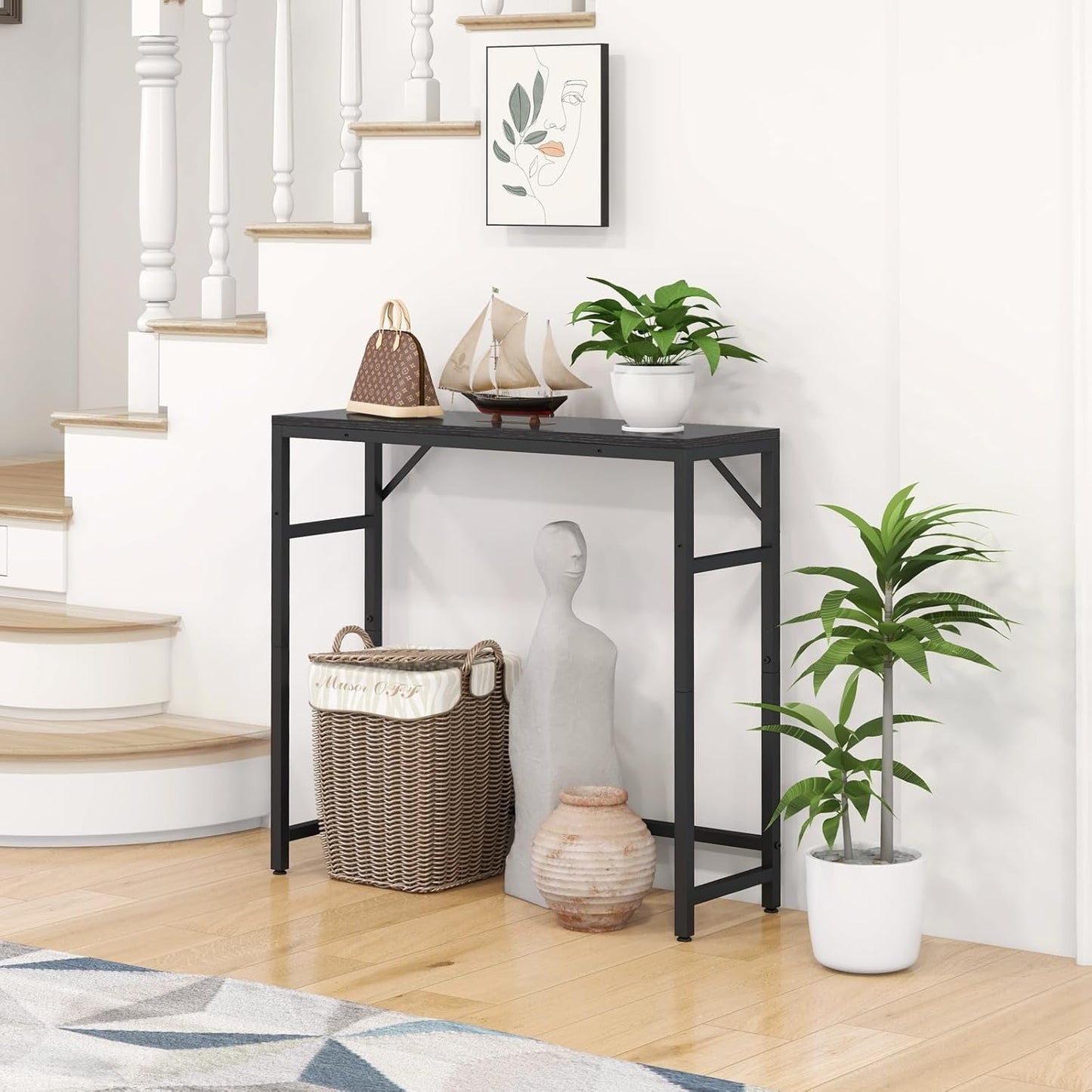 Narrow Console Table for Entryway, 29.5” Entryway Table with Shelf, Industrial Thin Sofa Table with 2 Support Bars Behind Couch, Display Tables for Living Room, Bedroom, Foyer, Black