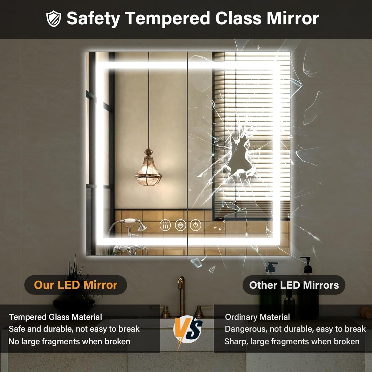 36x36 LED Bathroom Mirror, Backlit + Front Lit, LED Bathroom Mirror with Lights for Wall, 3 Colors, Anti-Fog, Dimmable Brightness, Memory Function, Tempered Glass