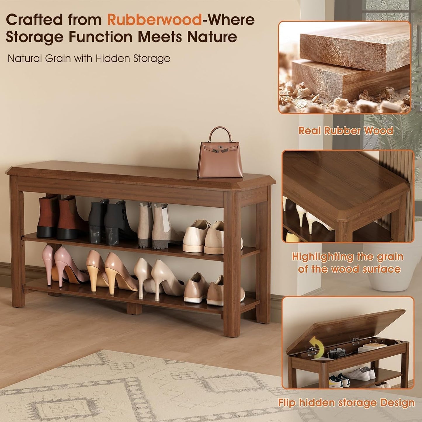 Shoe Rack for Front Door Entrance, Solid Wood Shoe Bench for Closet, Holds Up to 550lbs, Shoe Rack Bench for Entryway, Mudroom, Hallway