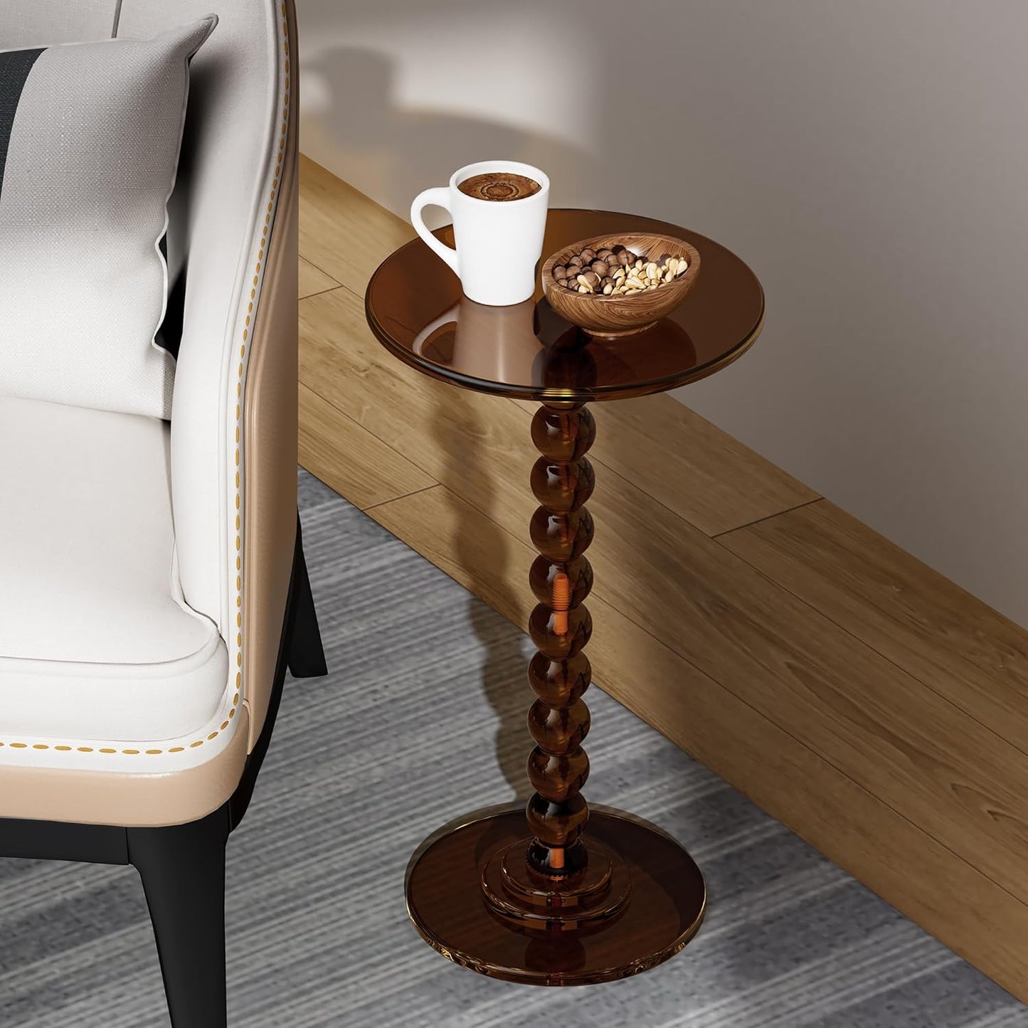 Acrylic Side Table, End Table Round Top with Solid Post for Living Room, Bedroom, Balcony, Easy Assembly (Clear) (Pedestal, Dark Brown)