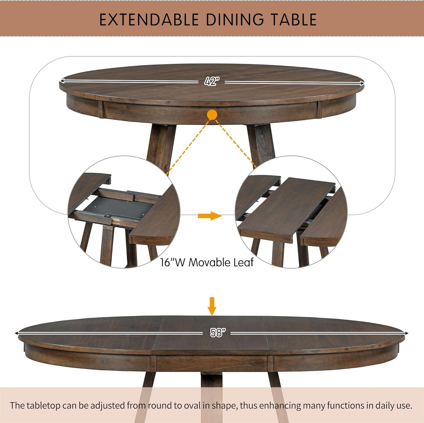 5 Pieces Dining Table Set with 42" Table,Living Room Furniture W/ 4 Upholstered Chairs,Tabletop Can be Adjusted from Round to Oval in Shape,for Restaurant,Home Bistro,Walnut