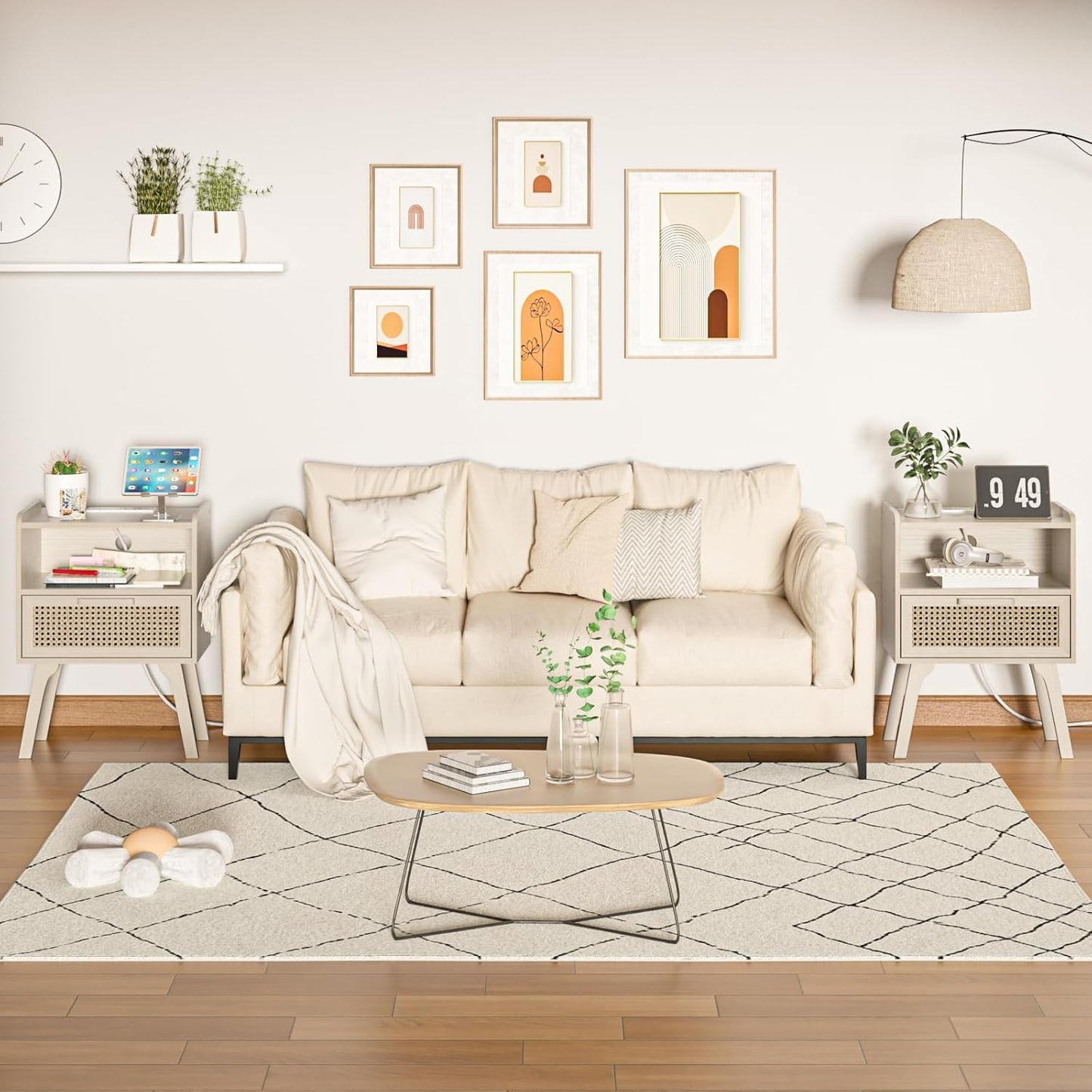 Lerliuo Rattan Nightstands Set of 2 with Charging Station, Side Table with Drawer Open Shelf, Cane Accent Bedside End Table, Night Stand for Bedroom, Dorm and Small Spaces (Grey White)