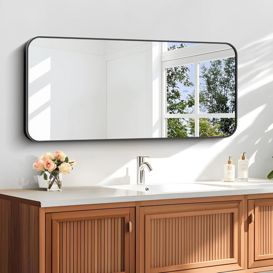 16" x 40"Bathroom Mirror, Matte Black Wall Mirror with Metal Frame, Decorative Rectangular Vanity Mirror for Bedroom Bathroom Living Room Entryway (Horizontal/Vertical)