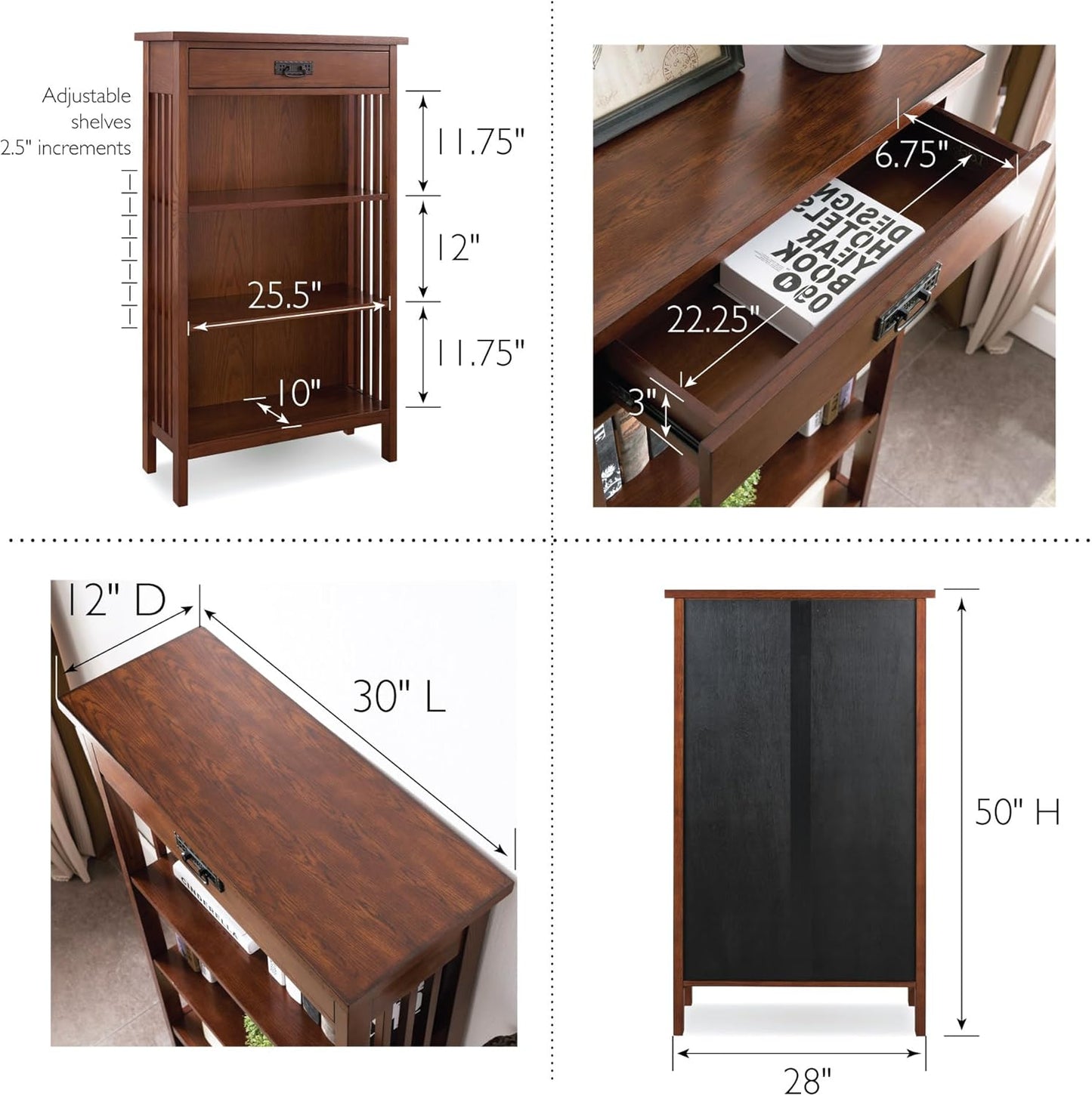 Leick Home 82262 Mission Mantel Height Bookcase with Slatted Sides and Top Drawer, Made with Solid Wood, for Living Rooms, Mission Oak Finish, Brownbronze