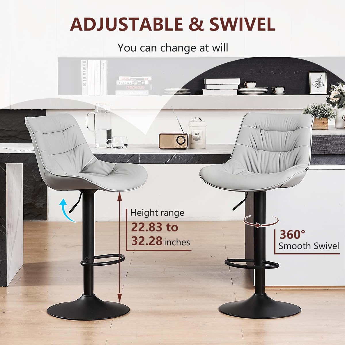 Kidol & Shellder Bar Stools Set of 2 Adjustable Swivel Gray, PU Leather Upholstered with Back, Modern Counter Height Stools for Kitchen Island, Home Bar