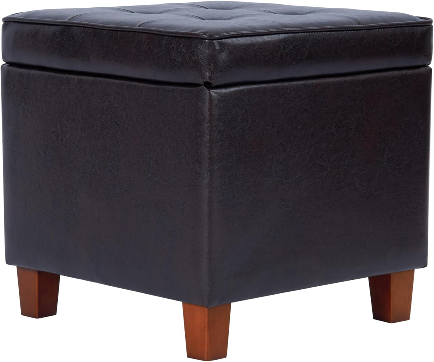 HomePop Leatherette Tufted Square Storage Ottoman with Hinged Lid, Brown Small