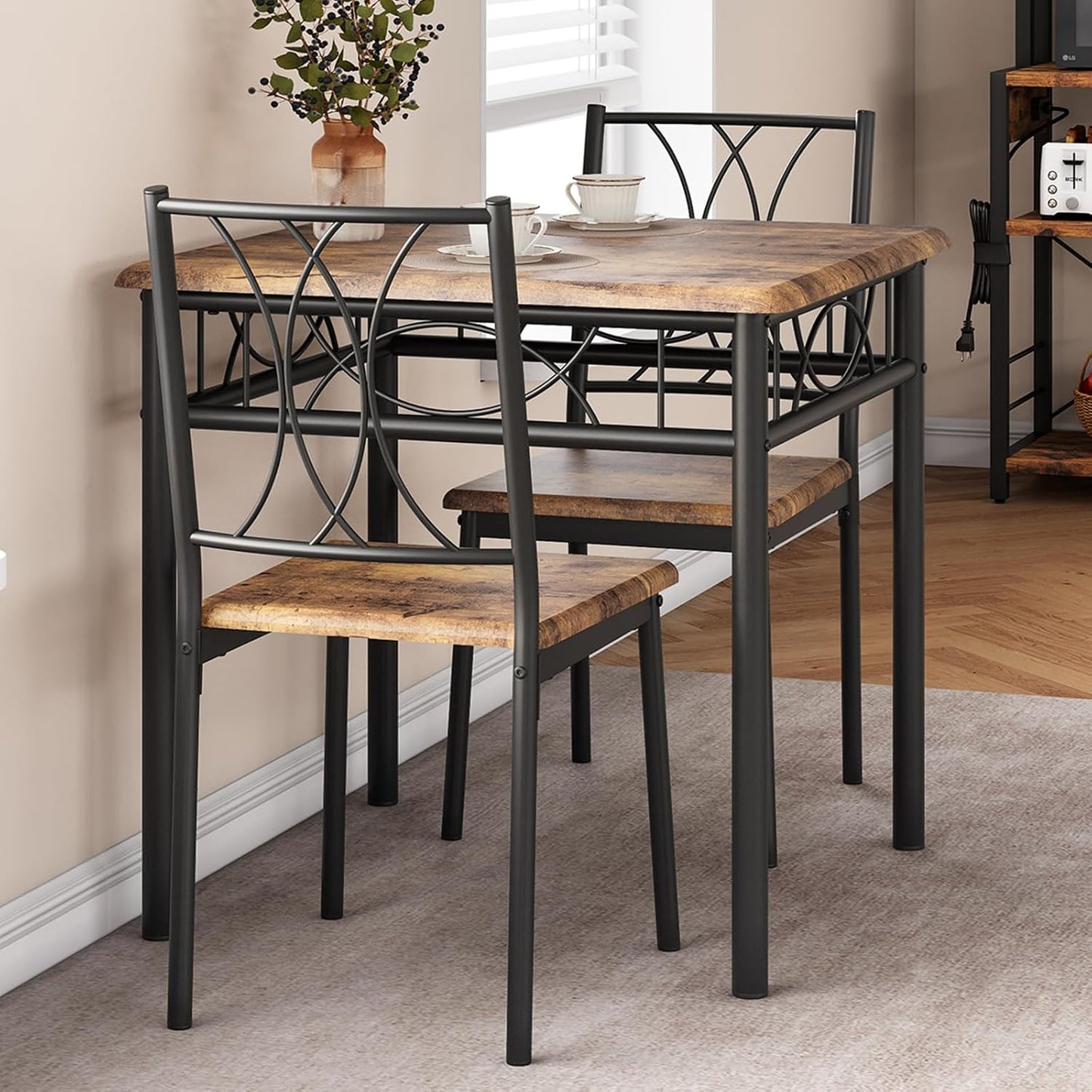 GarveeHome Small Dining Table Set for 2, Square Table and Chairs Set of 2, 3 Piece Kitchen Table Set of 2 with Upholstered Chairs, Dinner Table Set for 2 for Small Spaces, Apartment, Rustic Brown