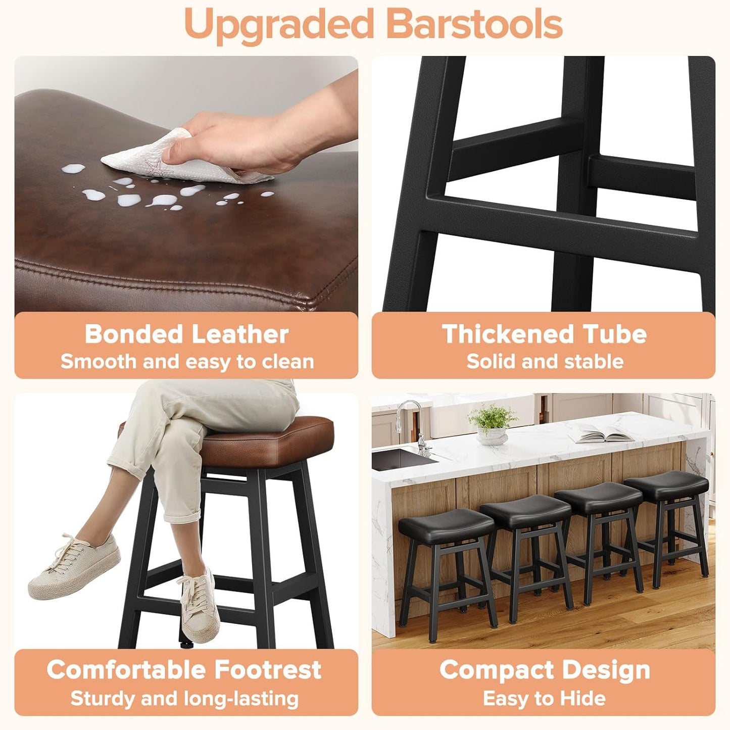 Counter Height Bar Stools Set of 2, 24 Inch Barstools for Kitchen Counter, Kitchen Stools with Bonded Leather Saddle Seats & Heavy Duty Metal Legs, Easy Assembly, Brown/Black