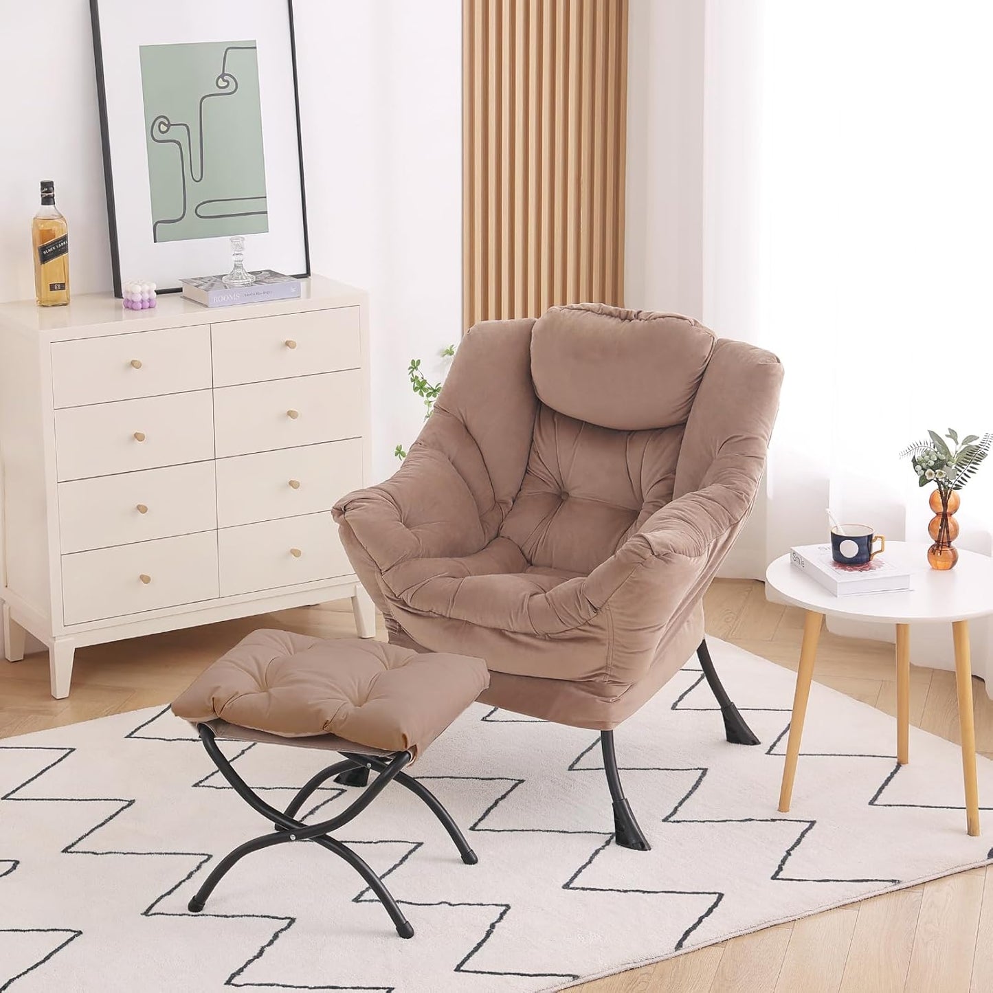 Lazy Chair with Ottoman, Modern Accent Chair Contemporary Lounge Leisure Sofa Chair with Armrests, Reading Chair and Folding Footstool Set for Living Room, Bedroom, Office, Khaki