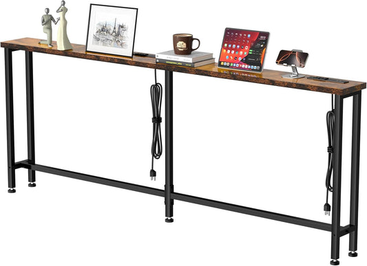 GRLEAF 70" Sofa Table with Built-in Power Strip (4 AC Outlets & 4 USB Ports) – 4.9ft Power Cord, Metal Frame, Easy Assembly, Long Couch Table Behind Sofa, Living Room and Home Office | Rustic Brown