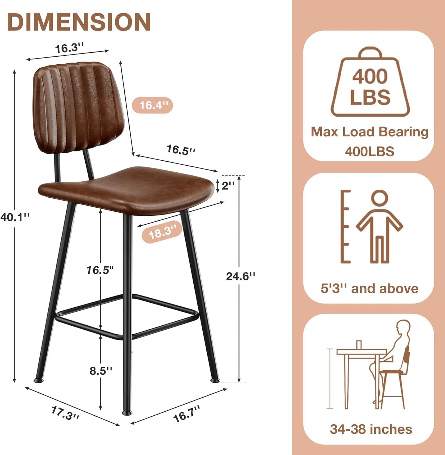 24-Inch Leather Bar Stools Set of 3, Counter Height Barstools with High Backrest，Bar Chairs for Kitchen Island with Heavy Duty Metal Legs, Dark Brown