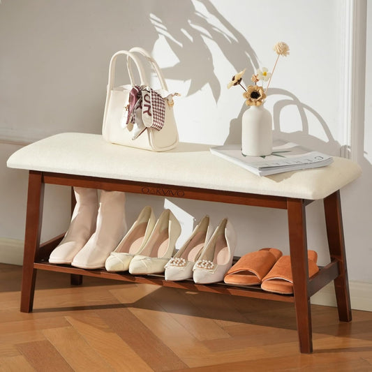 Entryway Shoe Bench, 35.4" Bamboo Bench for Bedroom End of Bed, 2-Tier Shoe Rack with Cushion Padded Seat, Shoe Organizer Stable for Entry Hallway Living Room Bedroom, 35.4"W x11.2"D x 17.7"H