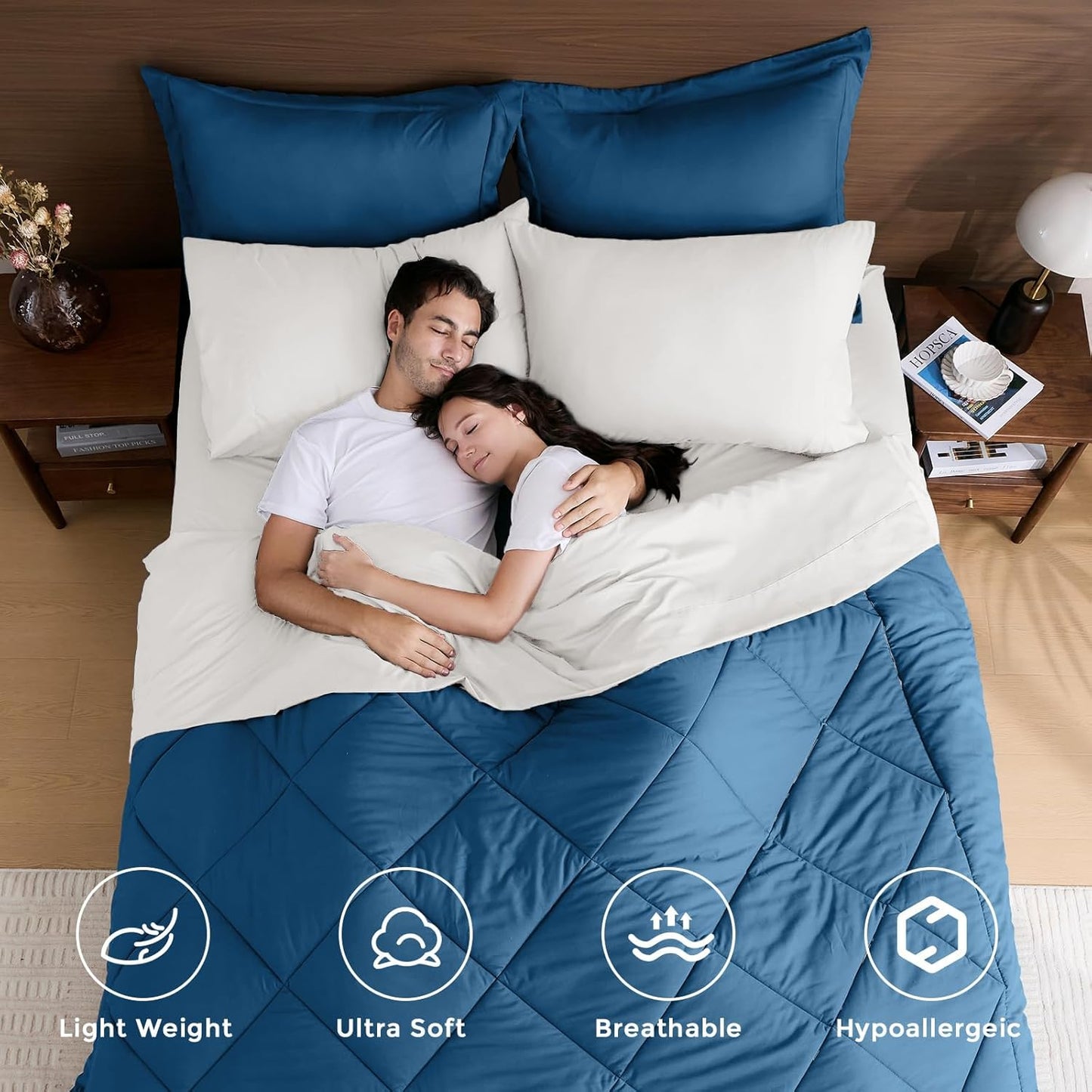 HEVUMYI Teal Blue & Ivory Twin Comforter Set - 5-Piece All Season Bed in a Bag Twin, Ultra Soft Bedding Set with Comforter, Flat Sheet, Fitted Sheet, Pillowcases, Pillow Shams, Teal Blue & Ivory