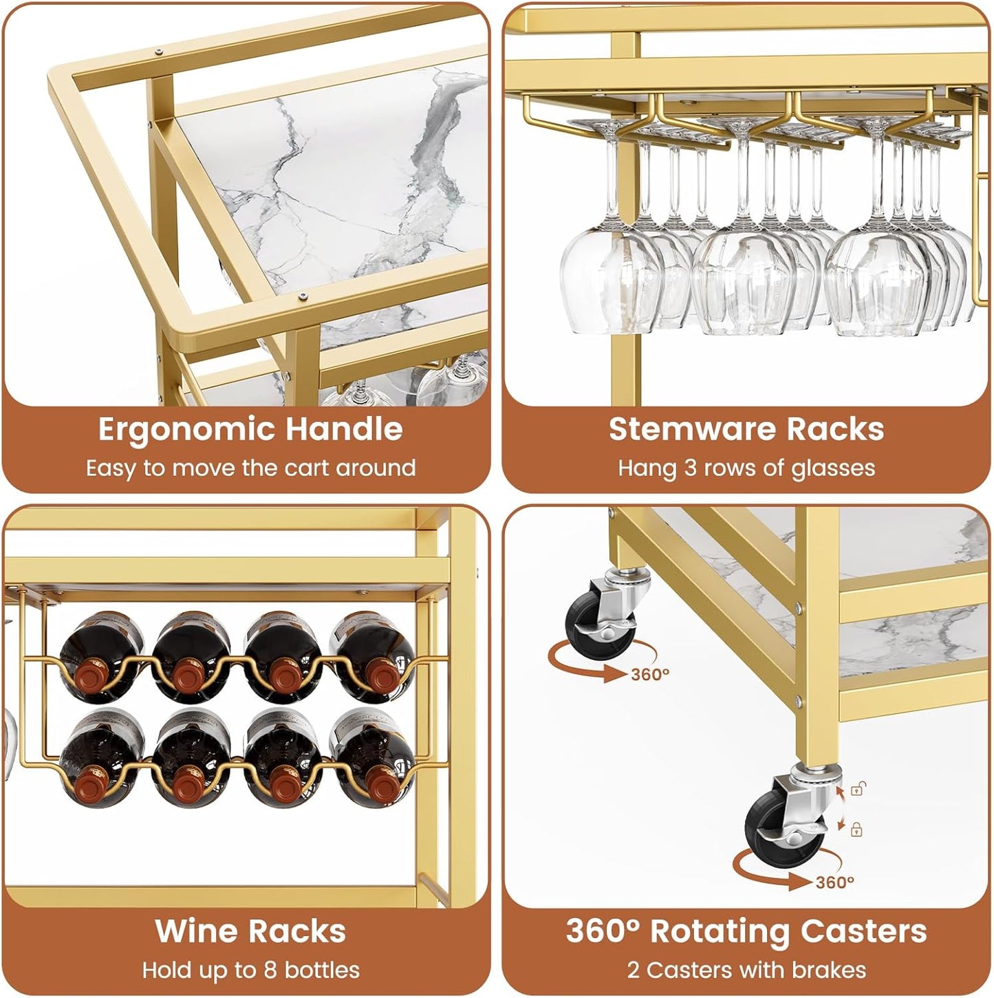 Leteuke Bar Cart for Home, 3 Tier Gold Serving Rolling Carts with Wheels, Drink Cart, Liquor Stand with Marbled Wooden Shelves, Wine Rack and Glass Holder for Kitchen, Dining Room
