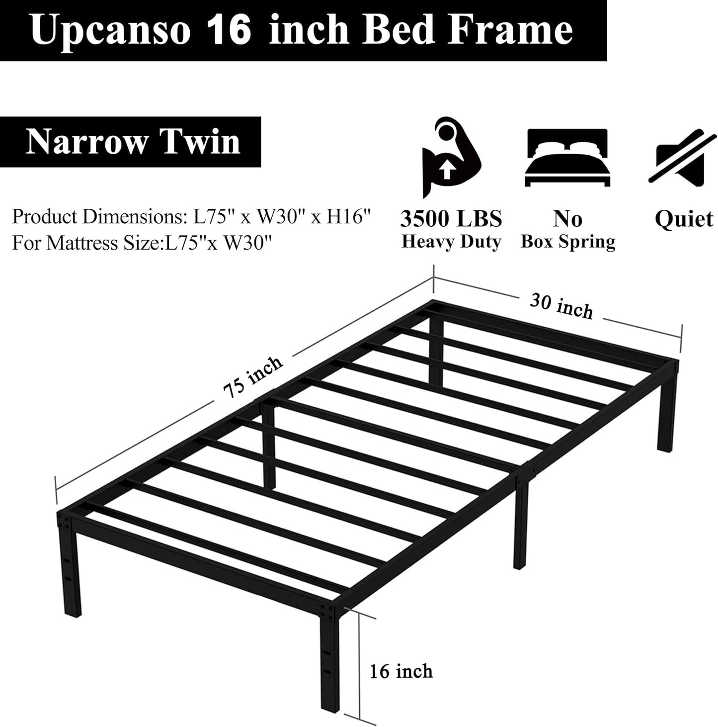 16 Inch Narrow Twin Bed Frame 30x75 No Box Spring Needed, Metal Platform 75x30 Narrow Twin Bed Frames, Eassy Assembly 3,500 lbs Heavy Duty Bedframes, Black