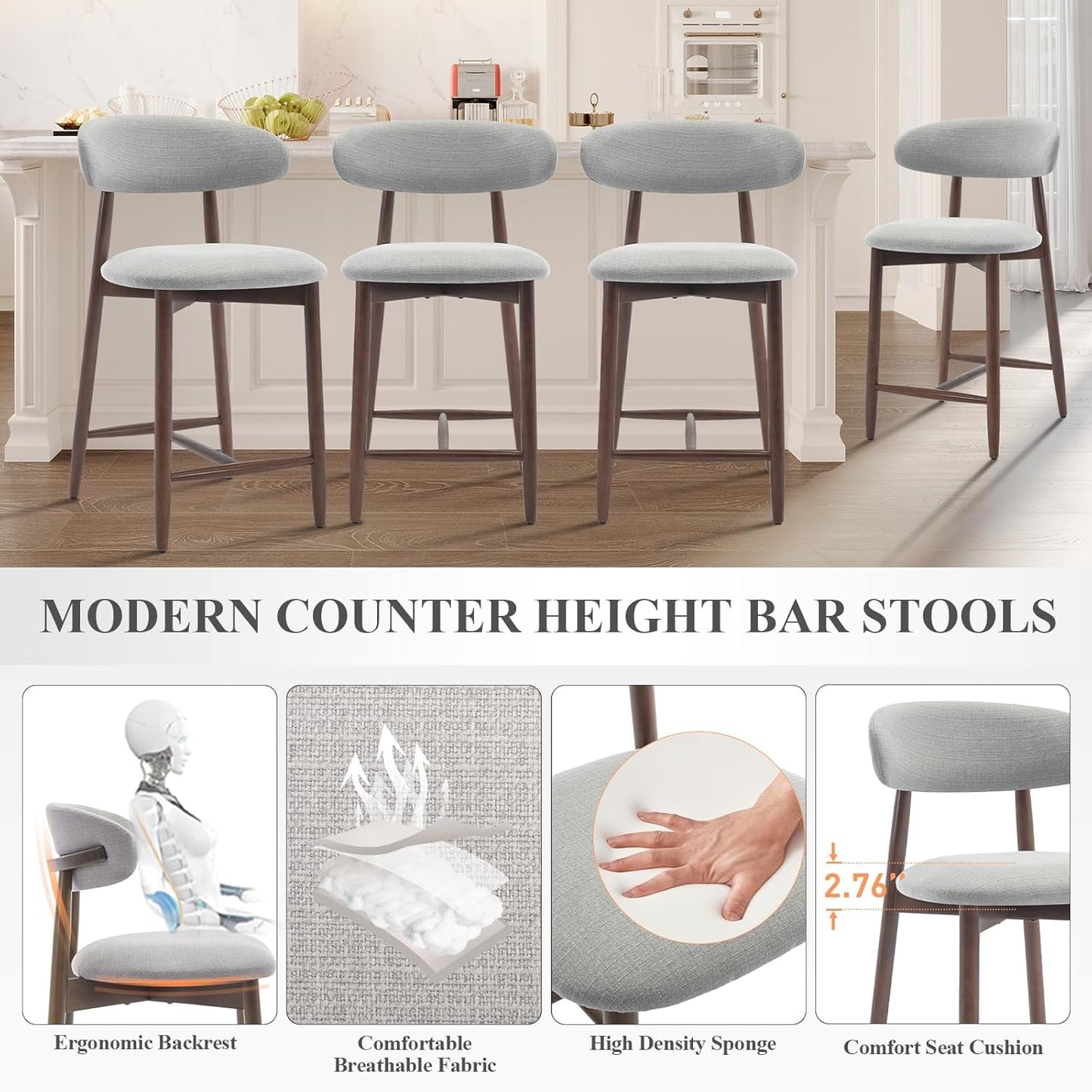 Upholstered Counter Height Bar Stools Set of 6, Kitchen Island Stools with Back, Modern Counter Barstools Bar Chairs with Wood Legs, Light Grey