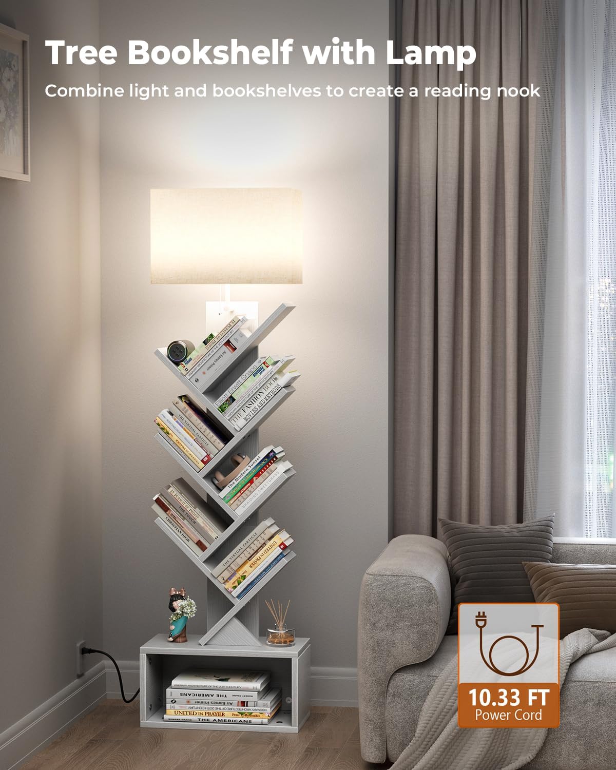 6 Tier Tree Bookshelf with Light, Narrow Bookcase Tower, Tall Floor Standing Book Shelf Organizer with Storage Cabinet for Living Room, Bedroom and Home Office, White