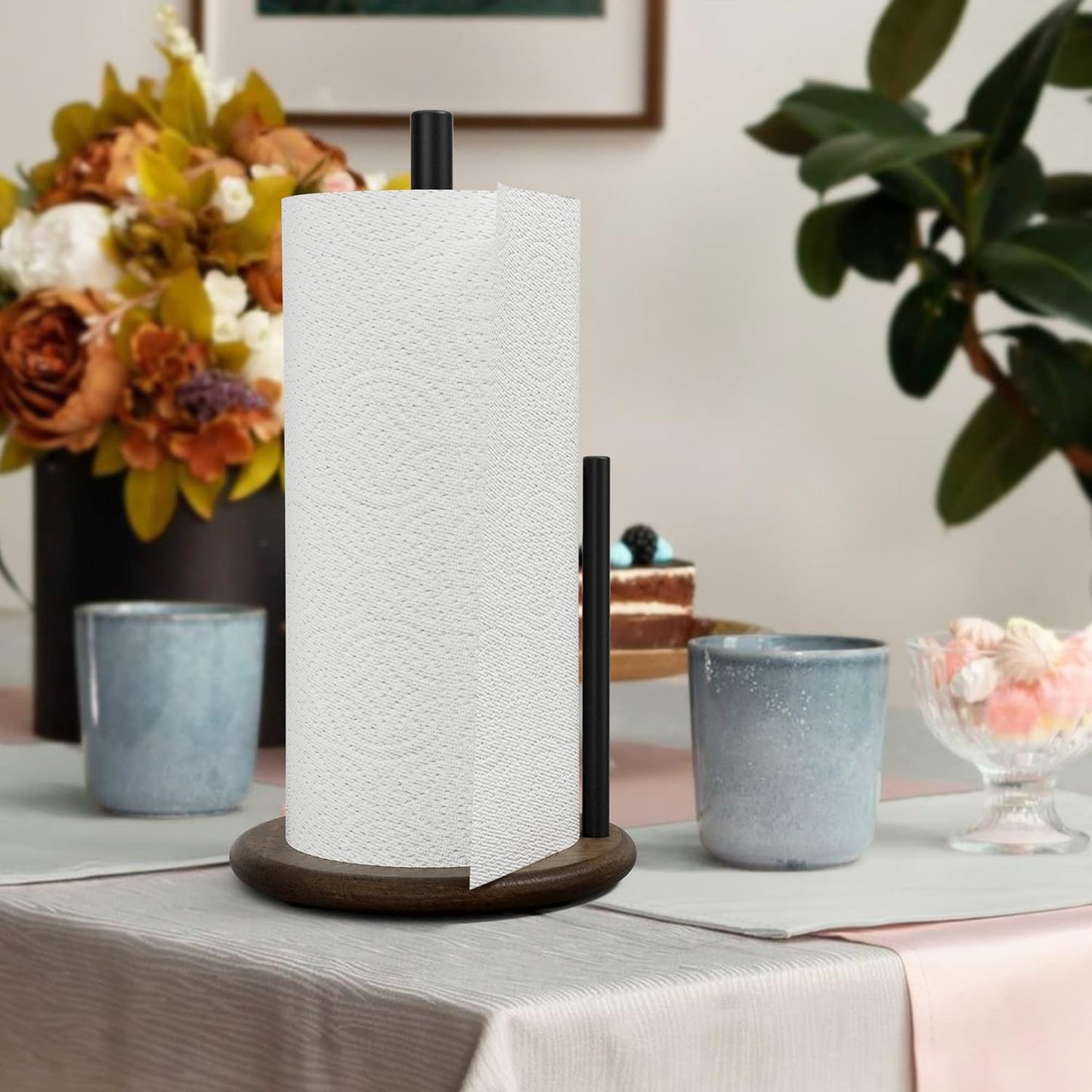 Paper Towel Holder Countertop with Real Wood Round Base, Farmhouse Paper Towel Holder Stand for Kitchen Dining Table Home Decor