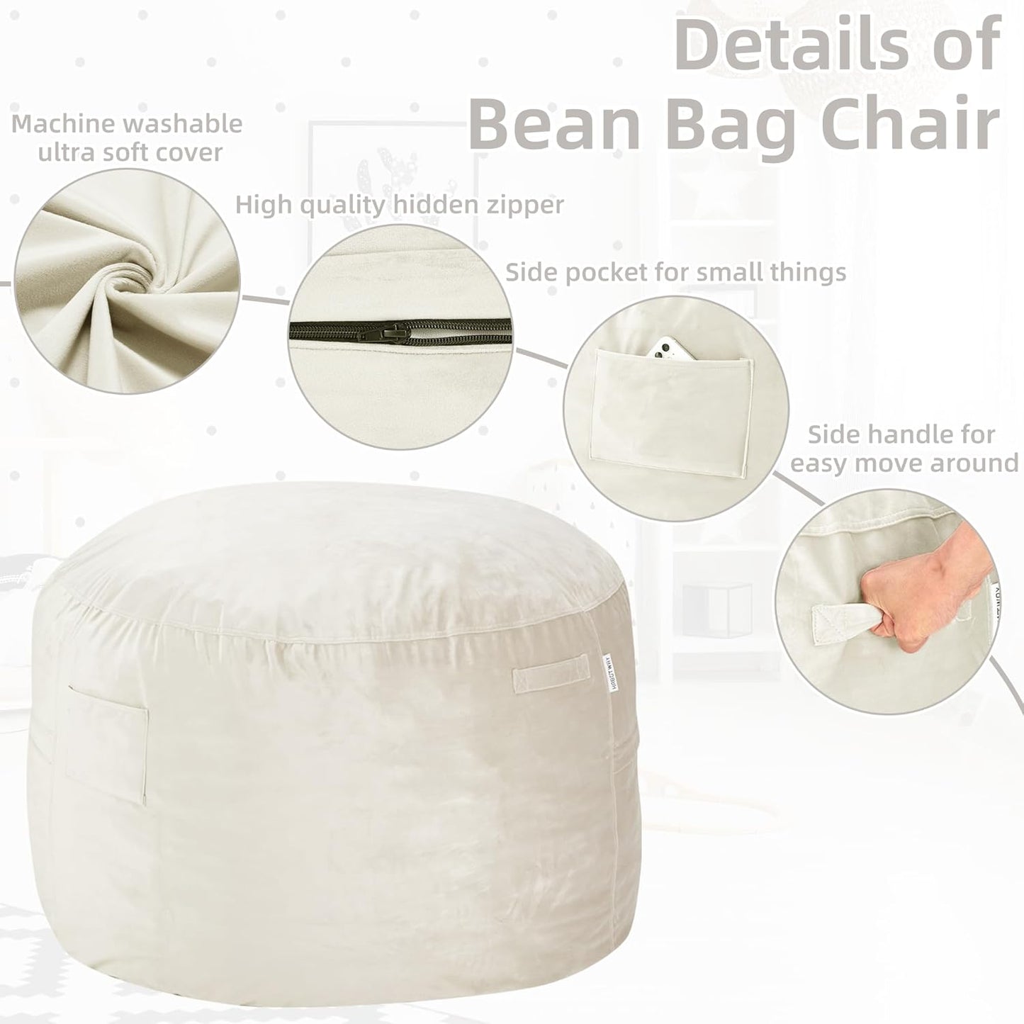 HABUTWAY Bean Bag Chair: Giant 4' Memory Foam Furniture Bean Bag Chairs for Adults with Microfiber Cover 4Ft (Beige)