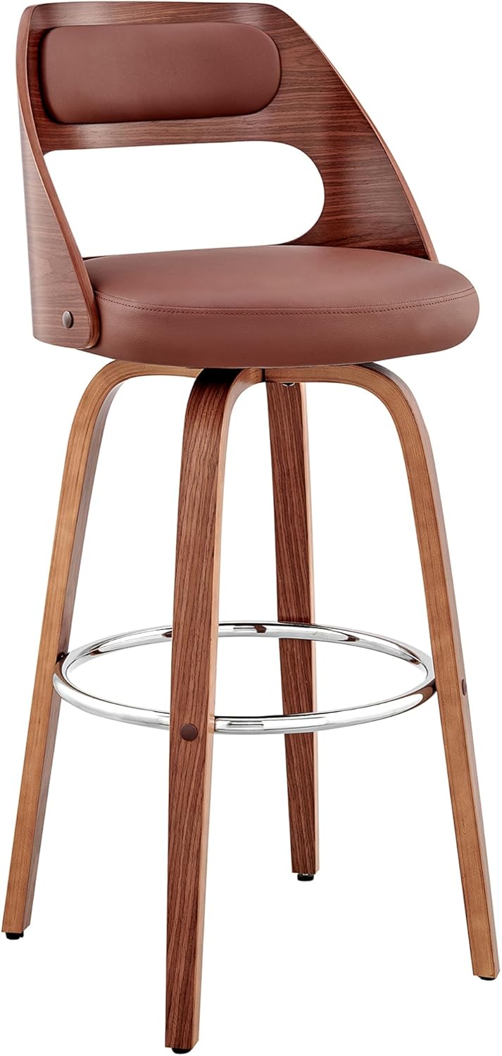 Armen Living Julius Mid Century Modern Swivel Bar Stool for Kitchen Island Counter in Brown Faux Leather and Walnut Wood, 26" Seat Height