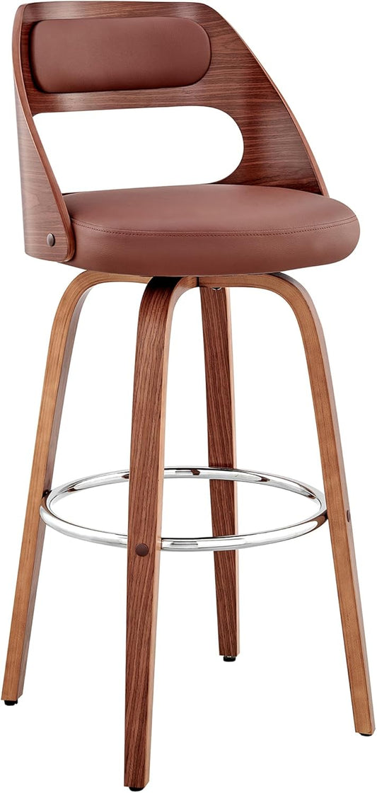 Armen Living Julius Mid Century Modern Swivel Bar Stool for Kitchen Island Counter in Brown Faux Leather and Walnut Wood, 26" Seat Height