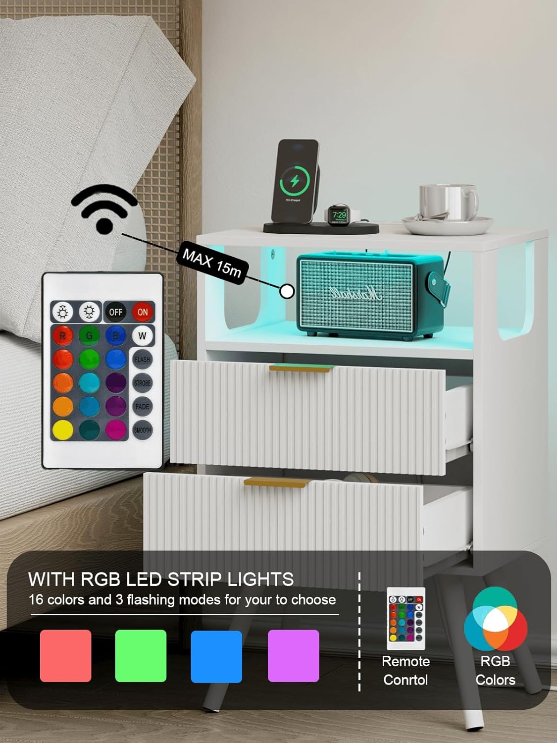 Nightstand, Modern Bedside Table with 2 Storage Drawer and Open Wood Shelf for Bedroom and Small Spaces, Night Stand with Solid Wood Legs (White-Outlet)