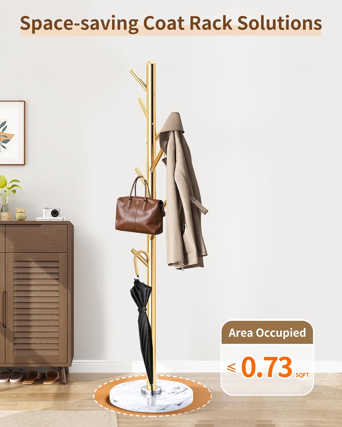 EZIVIEZ Modern Coat Rack Stand, Metal Freestanding Coat Rack with Natural Marble Base, Golden Coat Racks with 8 Hooks and Coat Hanger Tree Jacket Stand for Office, Entryway, Hallway