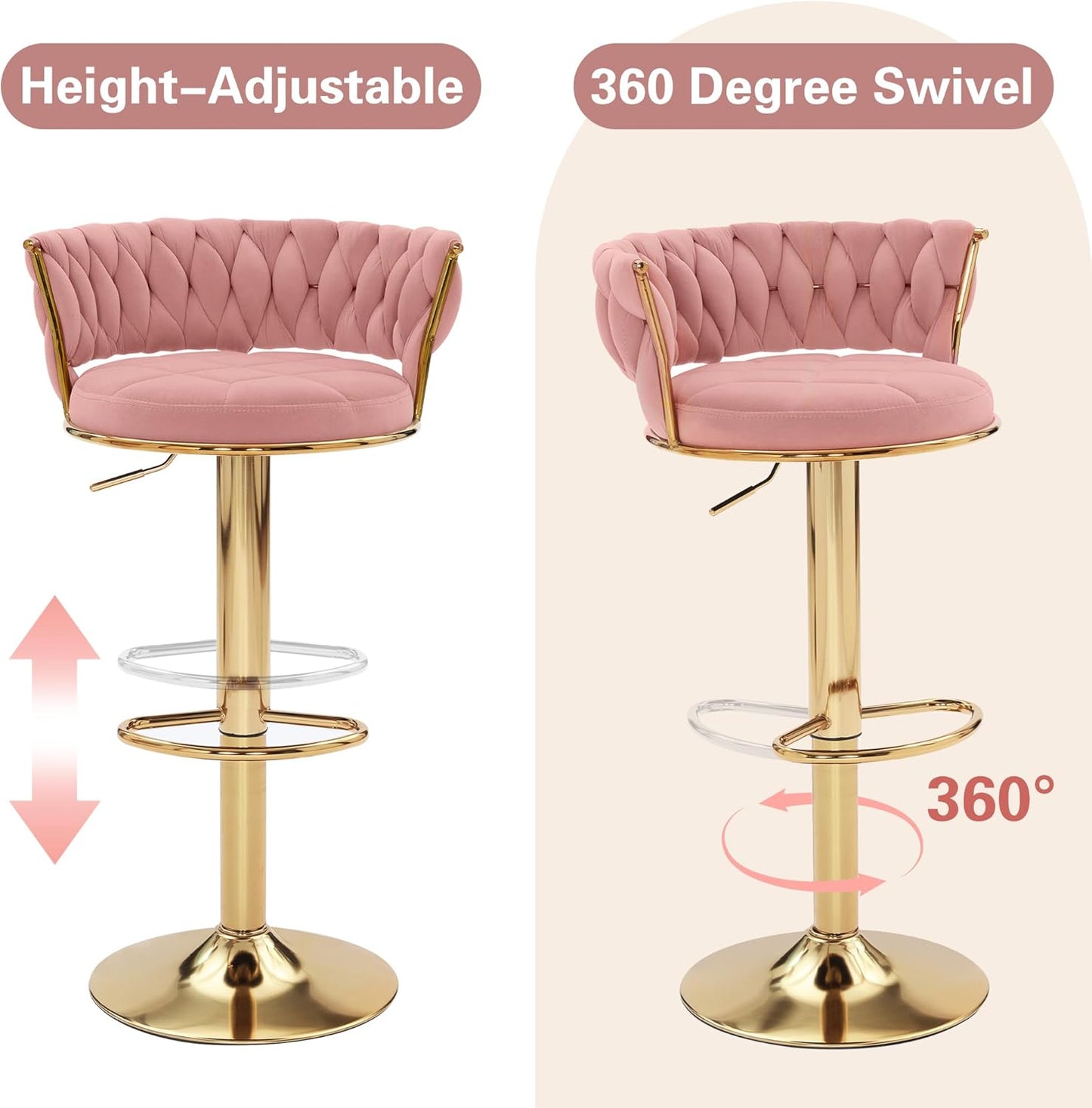 VECELO Bar Stools Set of 4, Adjustable Counter Height Barstools with Back & Arm Rest, Velvet Woven Kitchen Island Stools with Gold Metal Leg & Base, 360 Swivel, Pink