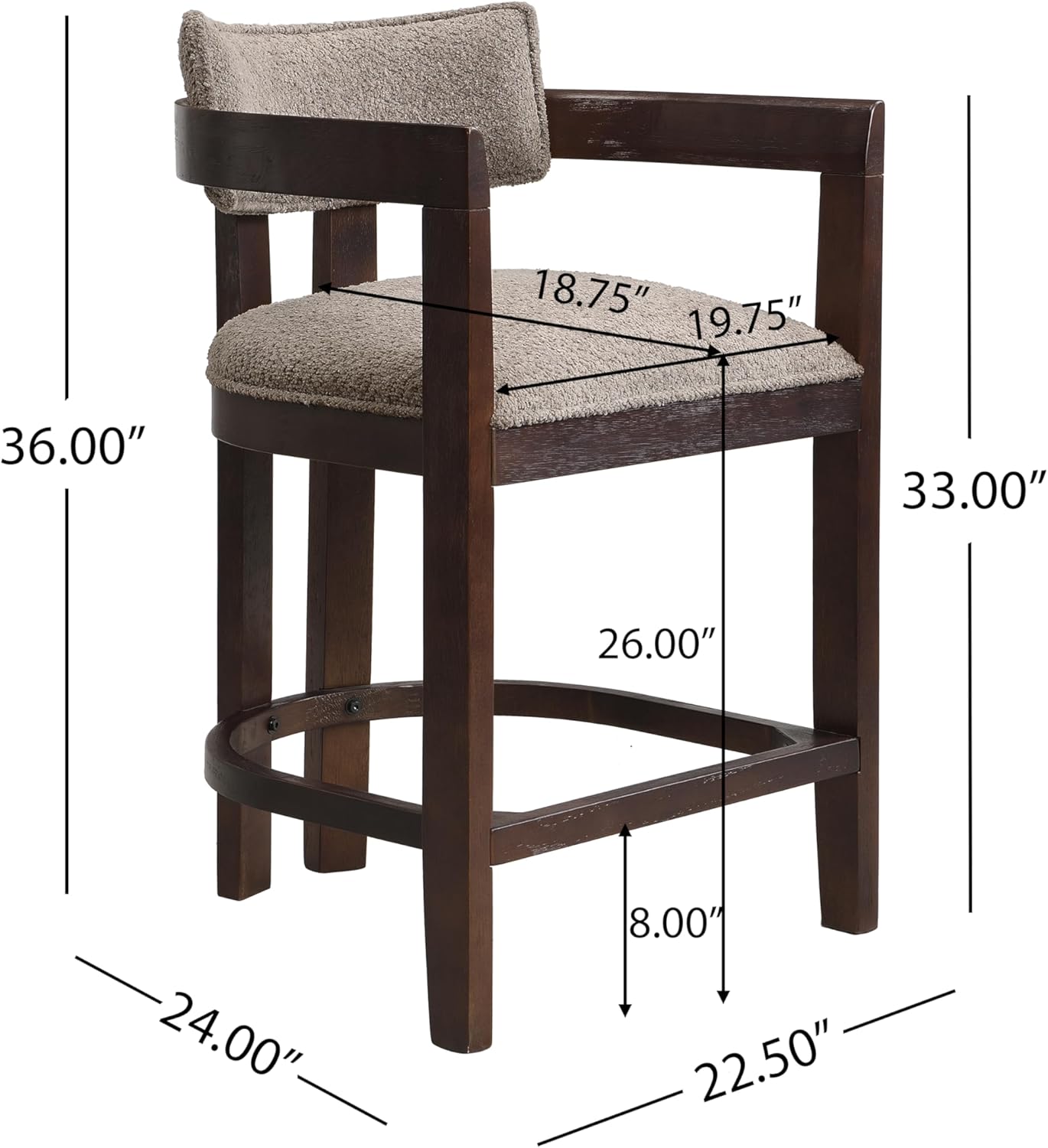 Christopher Knight Home Set of 2 Ryland Modern 26" Counter Height Bar Stools, Fabric Upholstered Counter Stools,Wooden Kitchen Island Armchair with Footrest, Round Backrest, Soft Seating, Espresso